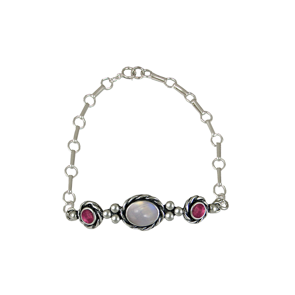 Sterling Silver Bracelet With Adjustable Chain Rainbow Moonstone And Pink Tourmaline